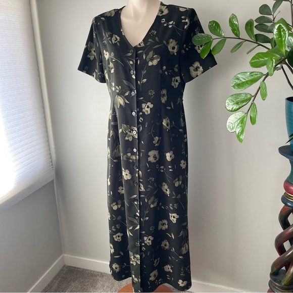 90s Vintage Jessica Front Button Down Green Floral Maxi Dress Size Large 1990s - Picture 7 of 11
